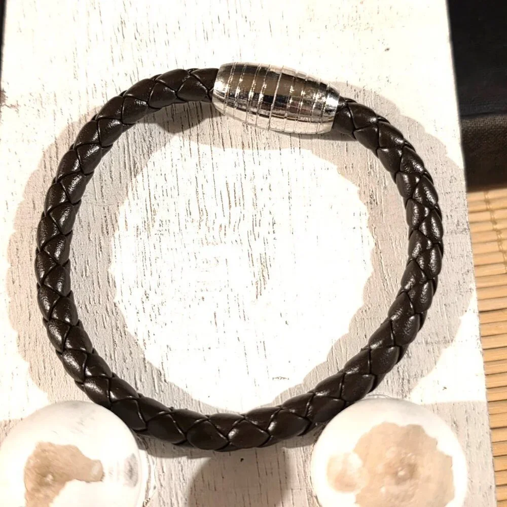 Braided Thick Dark Brown Vegan Leather Magnetic Clasp Bangle Bracelet